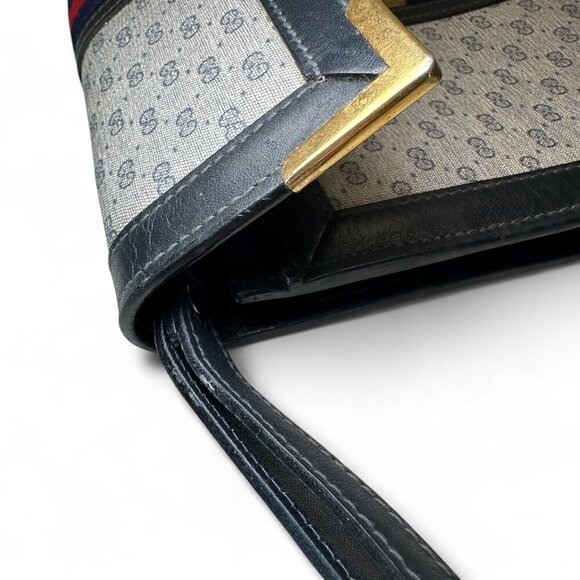 GUCCI Shelly Line Grey and Navy Blue Monogram Canvas Clutch w Stripes, Unisex - Picture 7 of 16